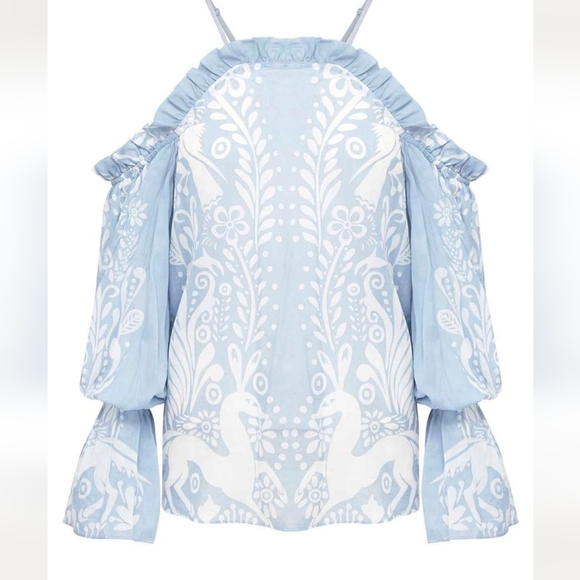 Alice McCall Be Free Light Breezy Puff Sleeve Blouse Deer Pattern Blue US 2 - Picture 2 of 9